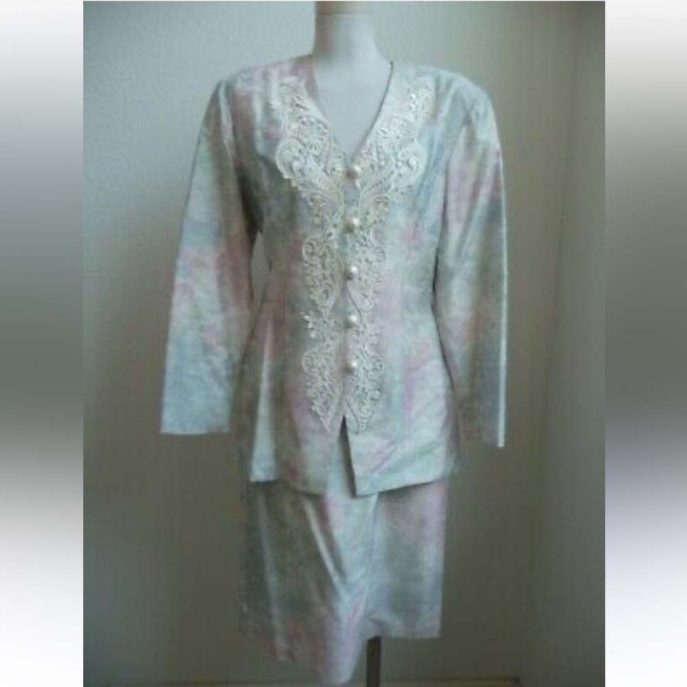 Vintage 80s Jessica McClintock Bridal Skirt Set Pastel Lace Embroidery-Large